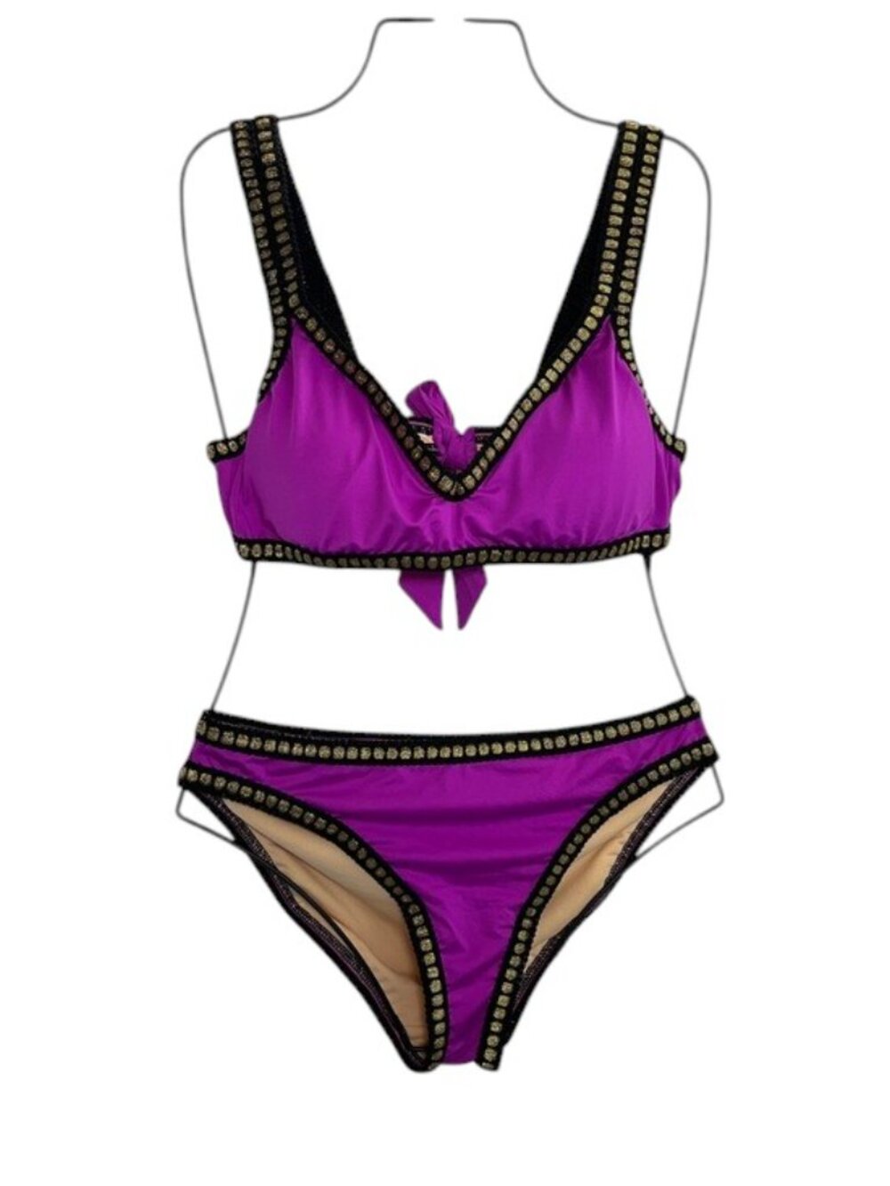 New Gibson Latimer Purple Two Piece Bikini Set Gold & Black Trim Women's Size S